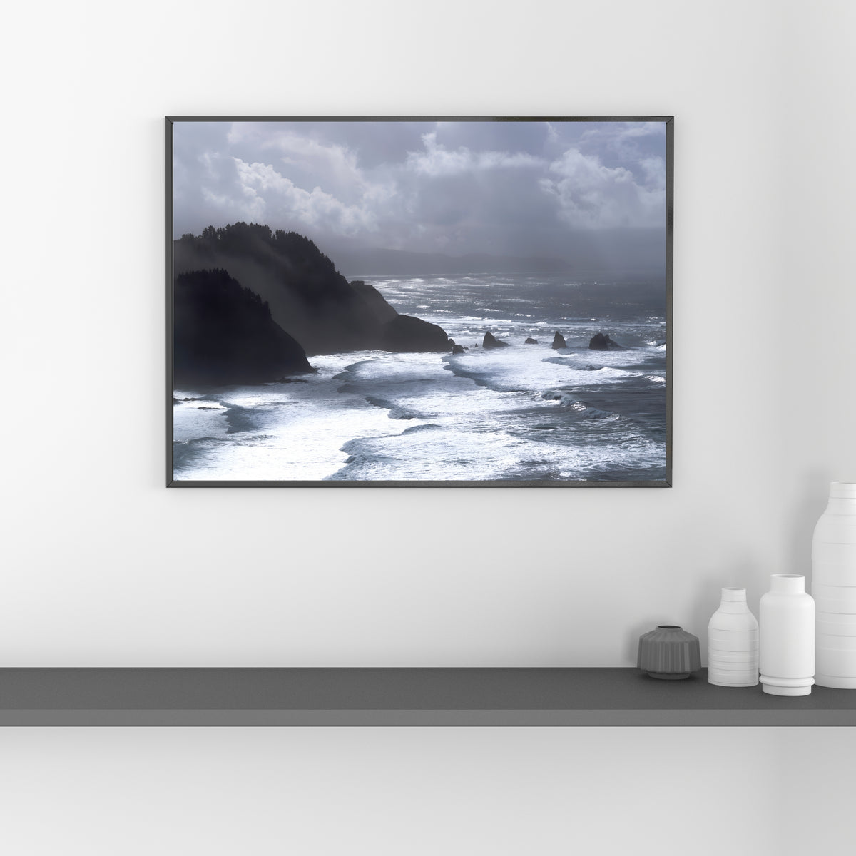 Humans Among Us Ocean Wall Art framed print showcasing a coastal seascape for home decor, featuring vibrant ocean and sky details.
