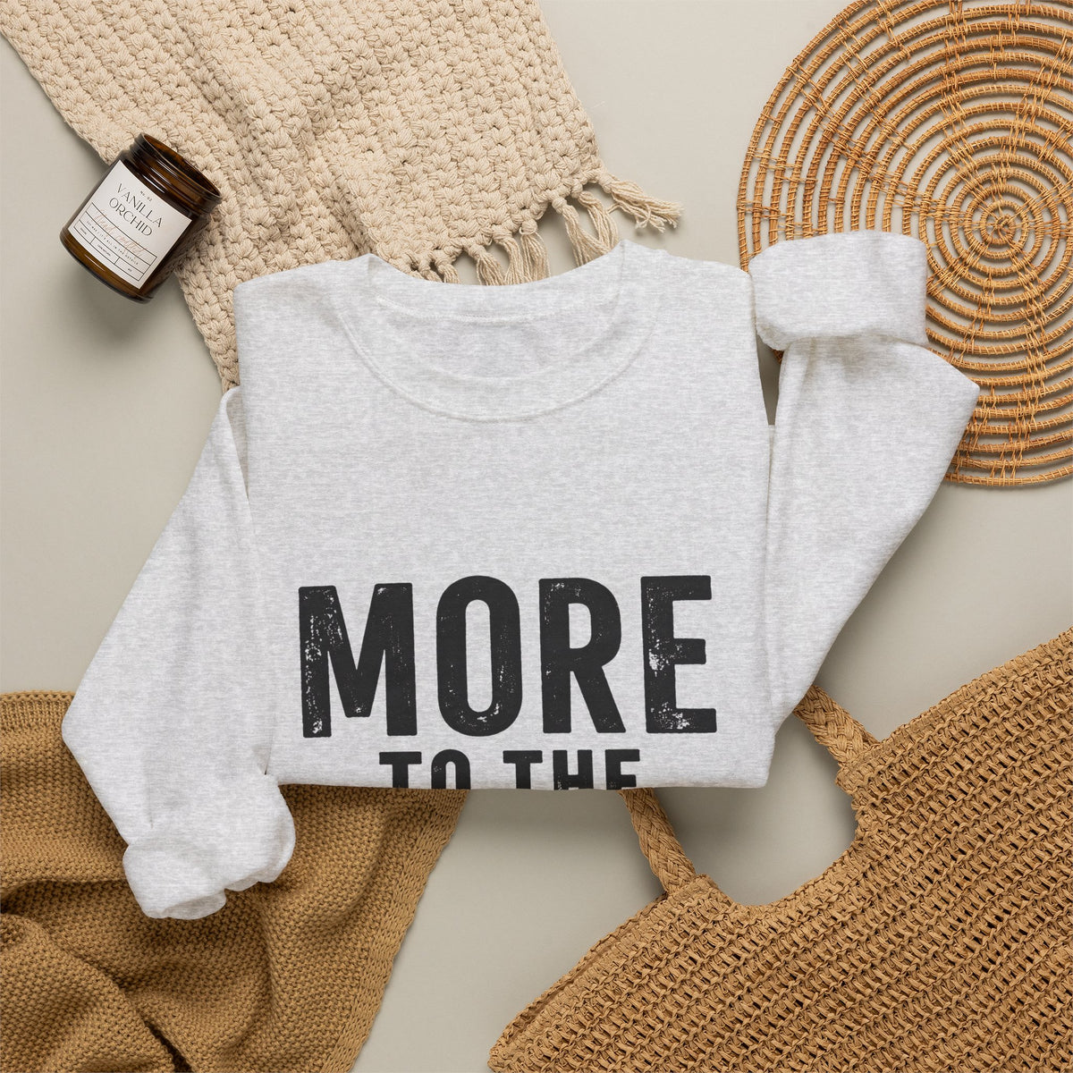 Printify crewneck sweatshirt with "More to the Story" graphic pullover, soft fabric and casual fit, ideal for comfortable everyday wear.