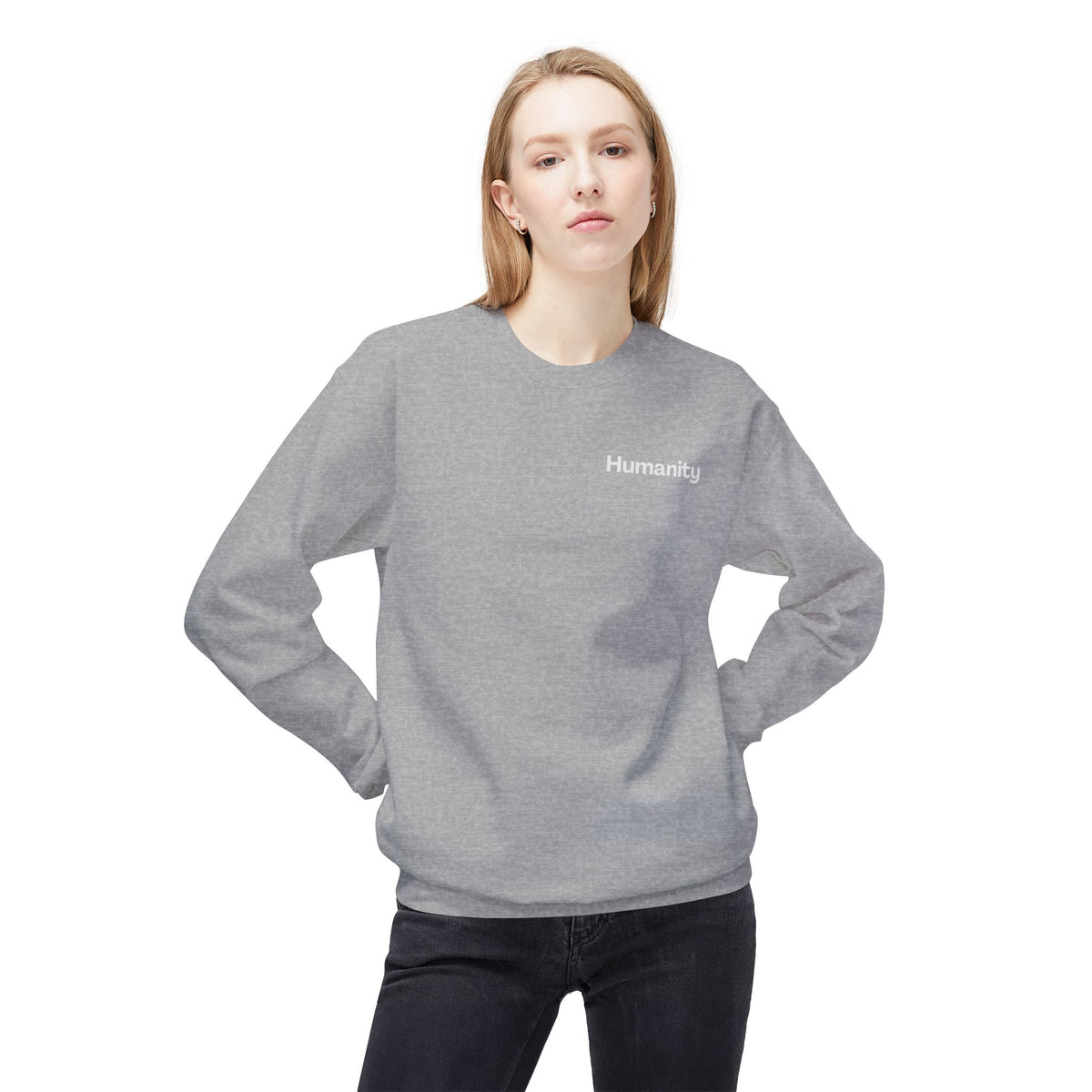 Humanity Crewneck Sweatshirt — Minimalist Black Pullover with 'Humanity' Chest Print