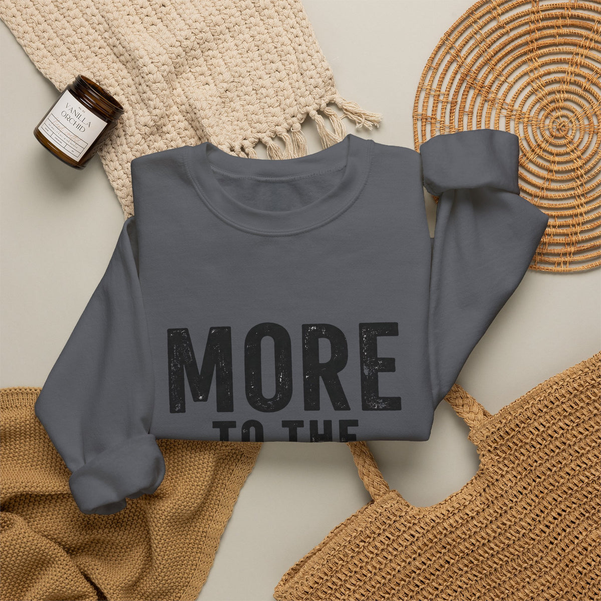 Printify crewneck sweatshirt with "More to the Story" graphic design, soft pullover for casual comfort and style.
