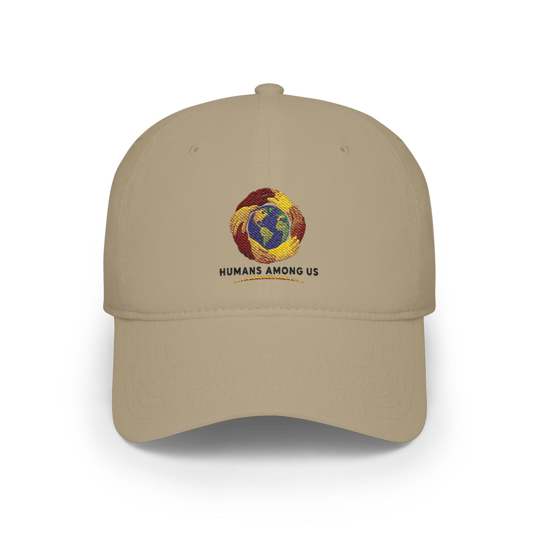 Humans Among Us embroidered globe cap by Printify featuring a detailed design on a casual hat.