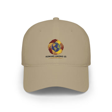 Humans Among Us embroidered globe cap by Printify featuring a detailed design on a casual hat.