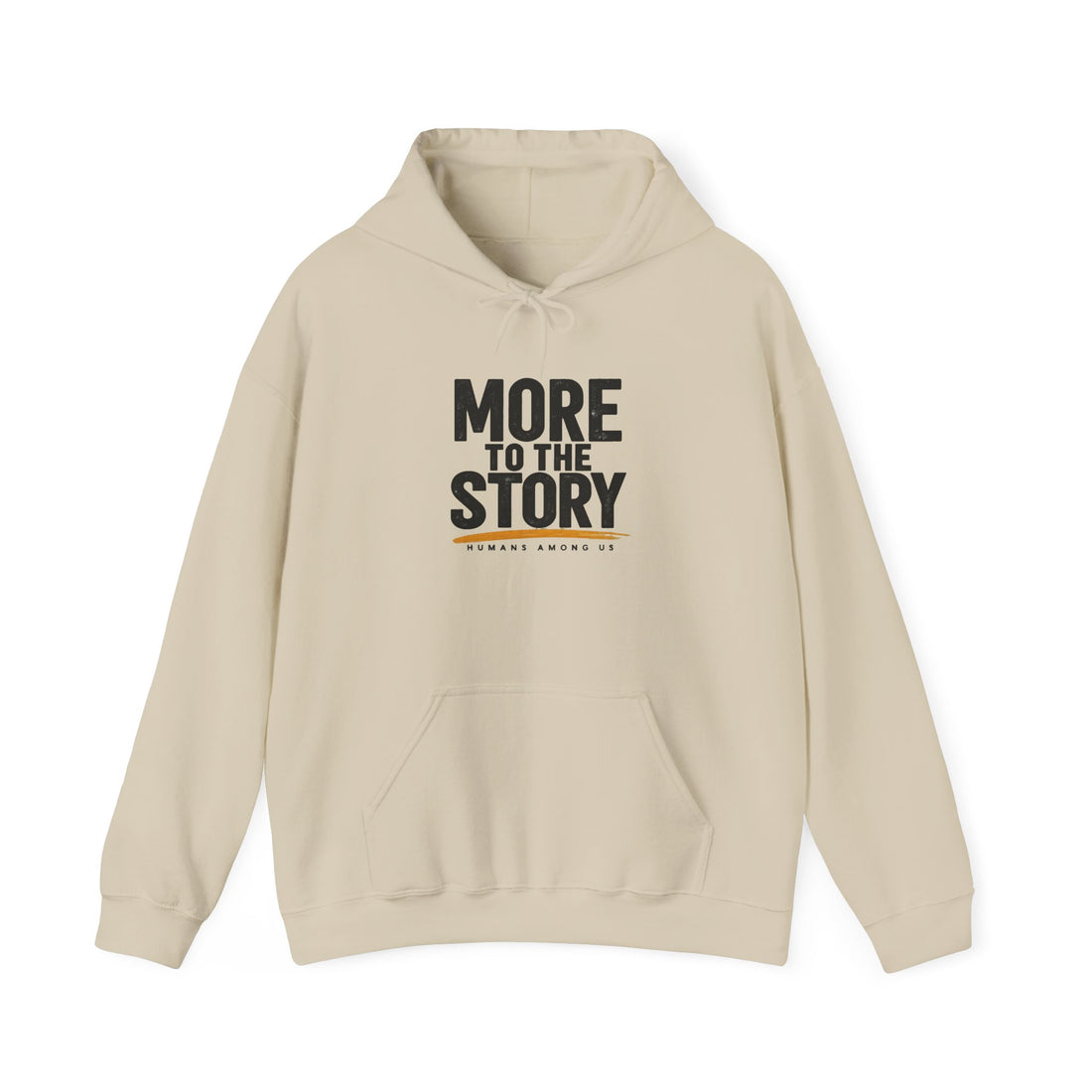 Light gray hoodie with "More to the Story" minimal script design, created by Printify, shown on a hanger.