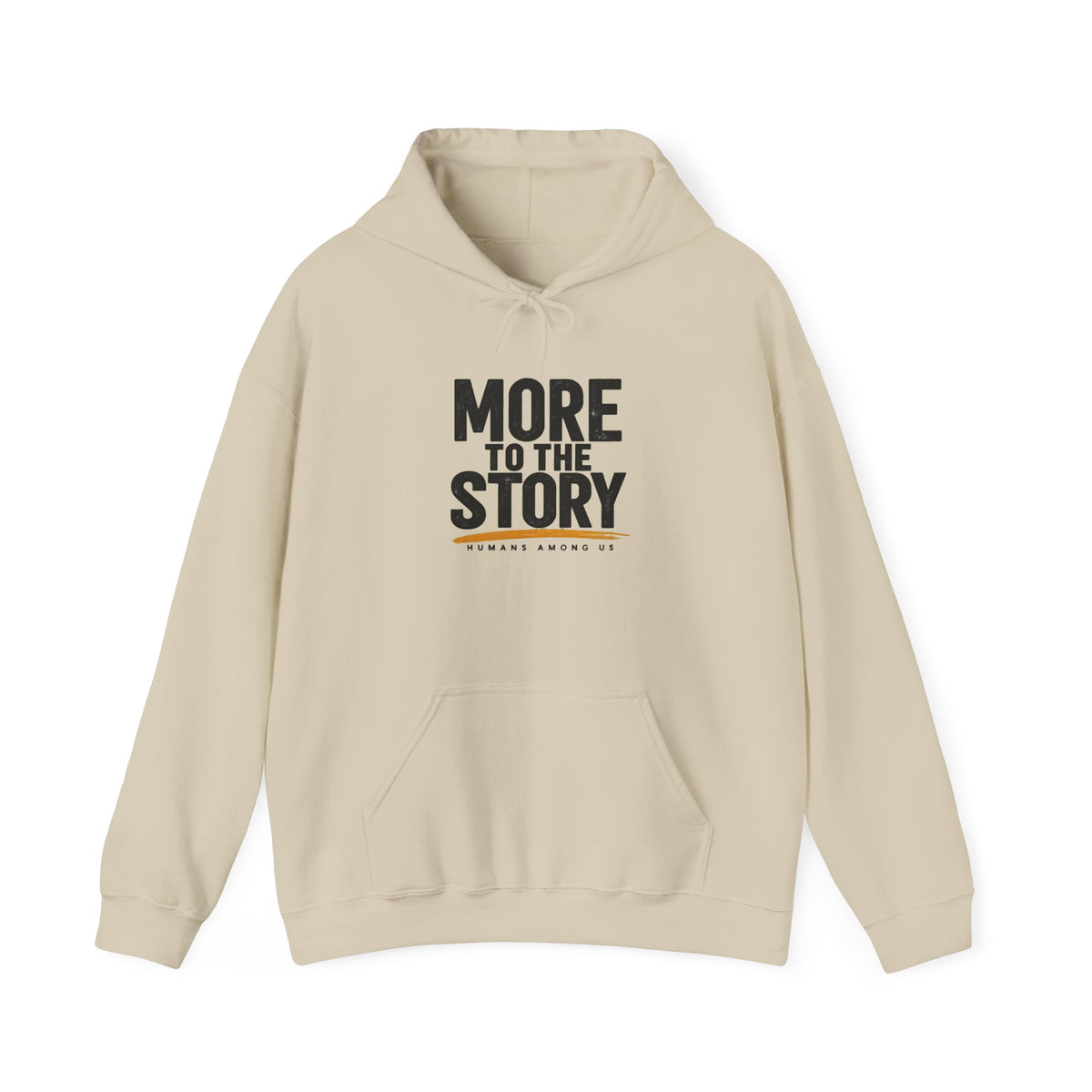 Light gray hoodie with "More to the Story" minimal script design, created by Printify, shown on a hanger.