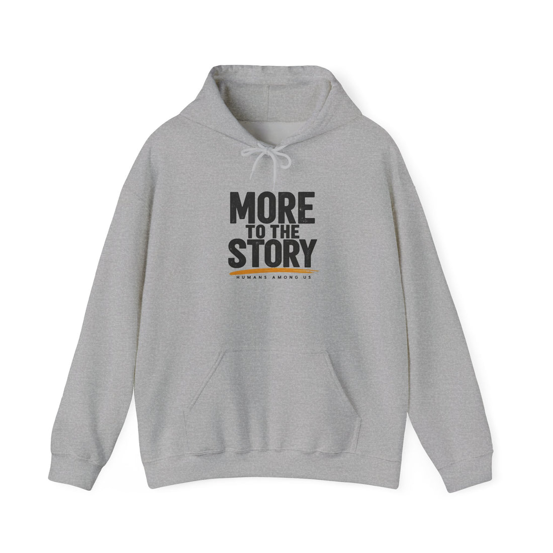 Light gray hoodie with "More to the Story" minimal script design, created by Printify, shown on a hanger.