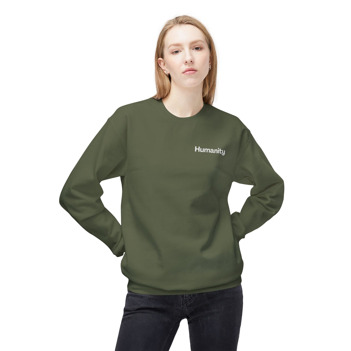 Humanity Crewneck Sweatshirt — Minimalist Black Pullover with 'Humanity' Chest Print