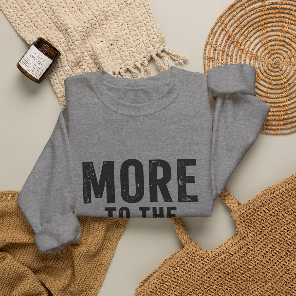 Printify crewneck sweatshirt with "More to the Story" graphic design, casual pullover in soft fabric