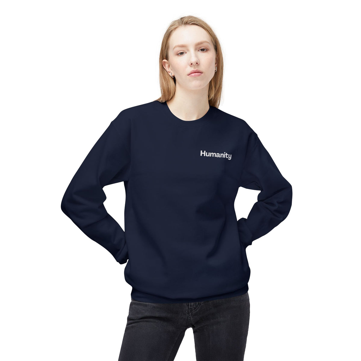 Humanity Crewneck Sweatshirt — Minimalist Black Pullover with 'Humanity' Chest Print