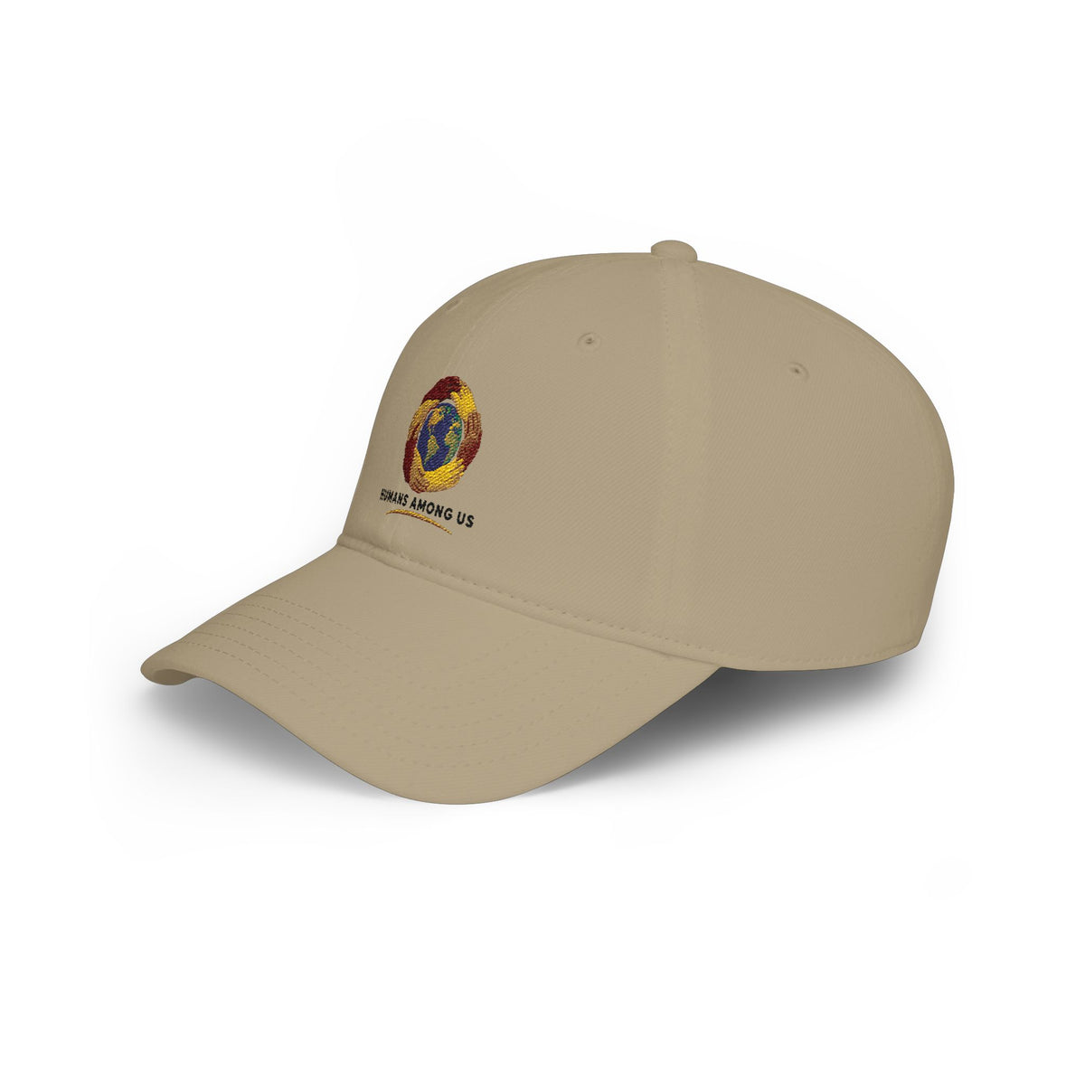 Embroidered globe design on a black Printify branded hat, featuring a stylish and casual cap with detailed embroidery.