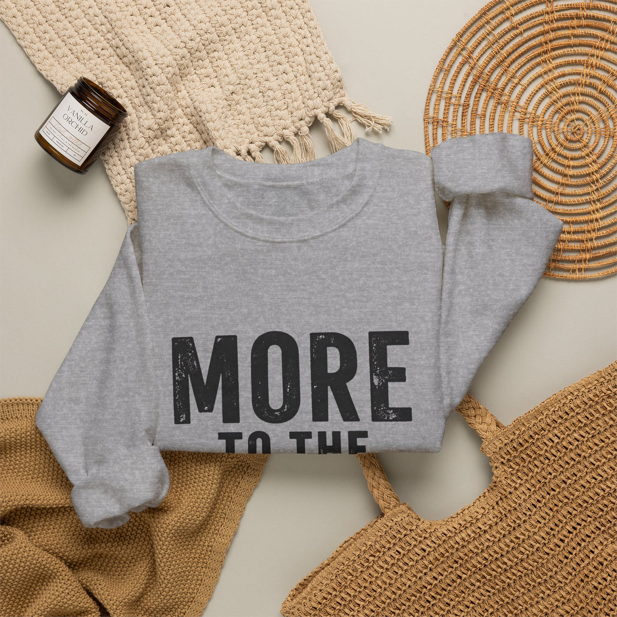 Printify crewneck sweatshirt with "More to the Story" graphic pullover, featuring a comfortable fit and stylish design.