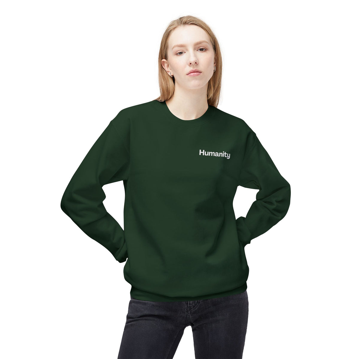 Humanity Crewneck Sweatshirt — Minimalist Black Pullover with 'Humanity' Chest Print
