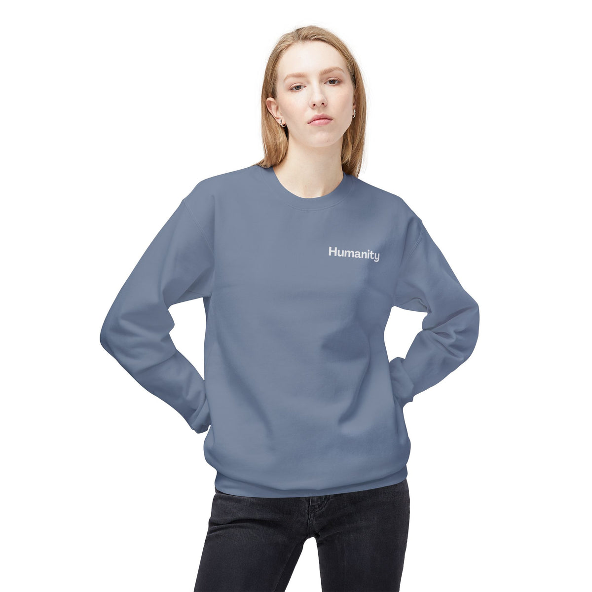 Humanity Crewneck Sweatshirt — Minimalist Black Pullover with 'Humanity' Chest Print
