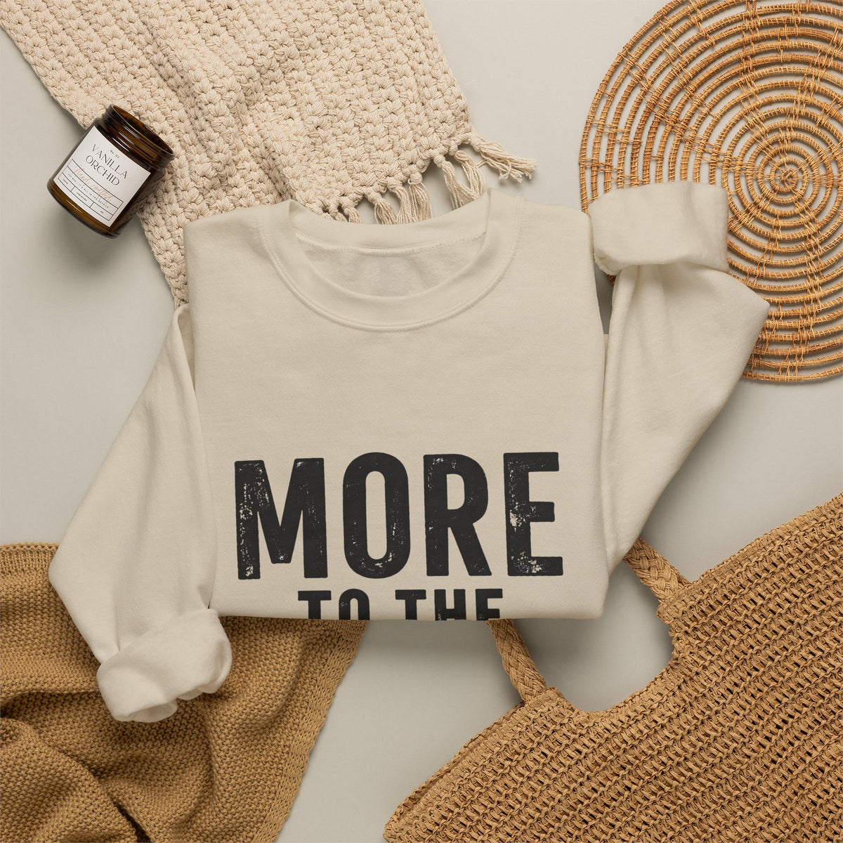 Printify crewneck sweatshirt featuring a "More to the Story" graphic pullover, casual fit with soft fabric and stylish design.