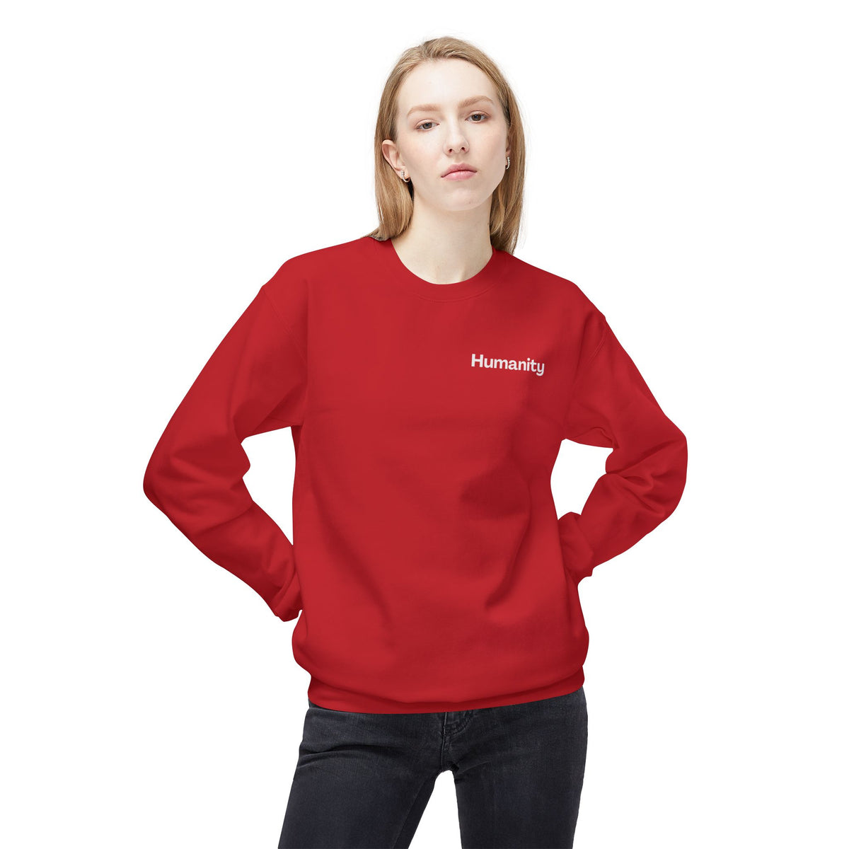 Humanity Crewneck Sweatshirt — Minimalist Black Pullover with 'Humanity' Chest Print