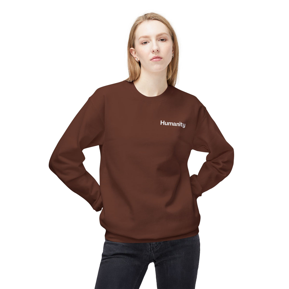 Humanity Crewneck Sweatshirt — Minimalist Black Pullover with 'Humanity' Chest Print