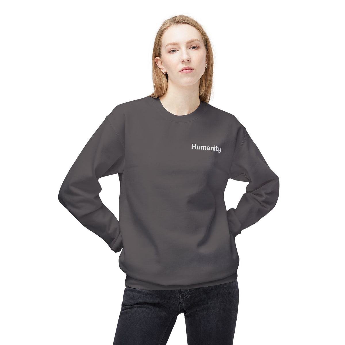 Humanity Crewneck Sweatshirt — Minimalist Black Pullover with 'Humanity' Chest Print