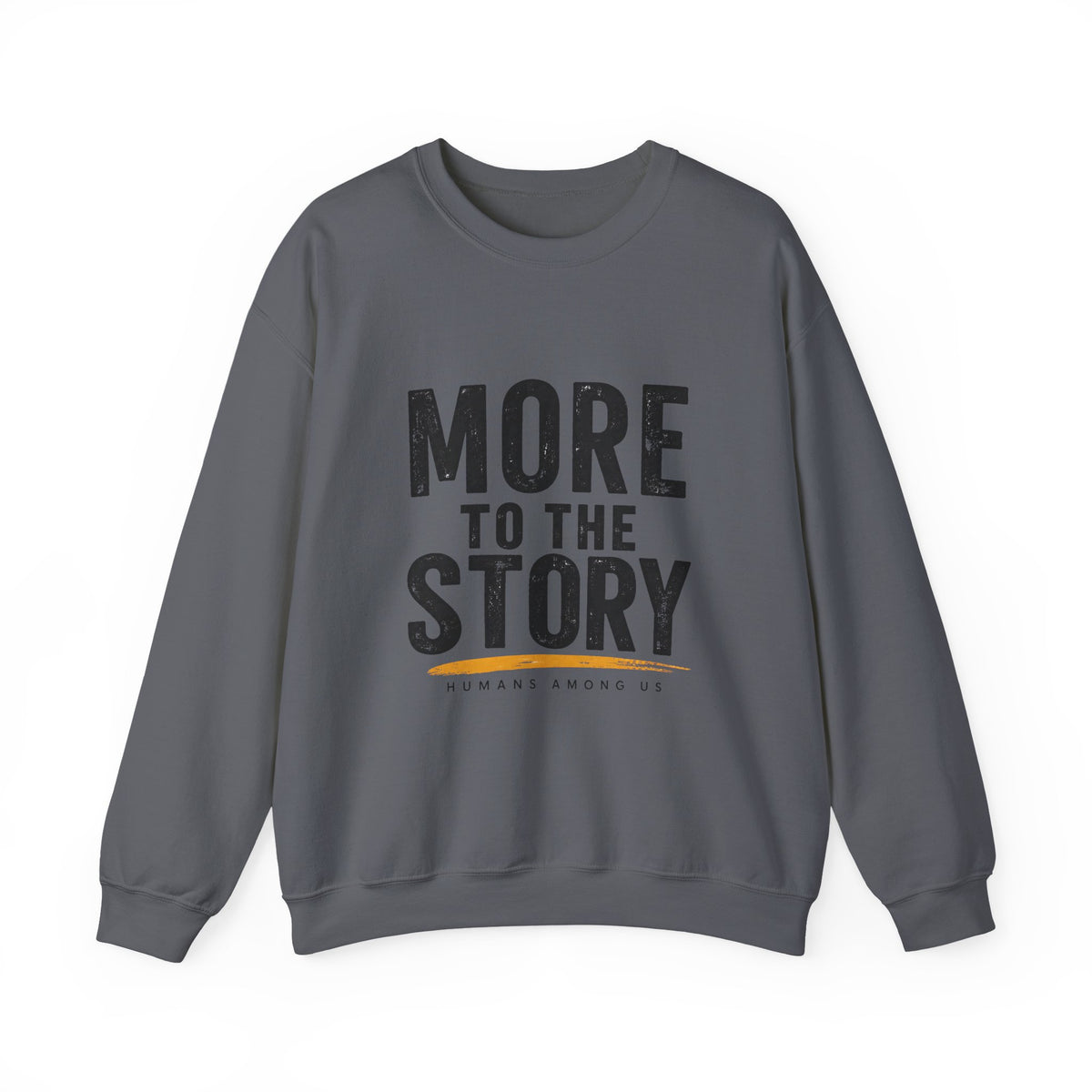 Black crewneck sweatshirt with "More to the Story" graphic print, casual pullover from Printify.