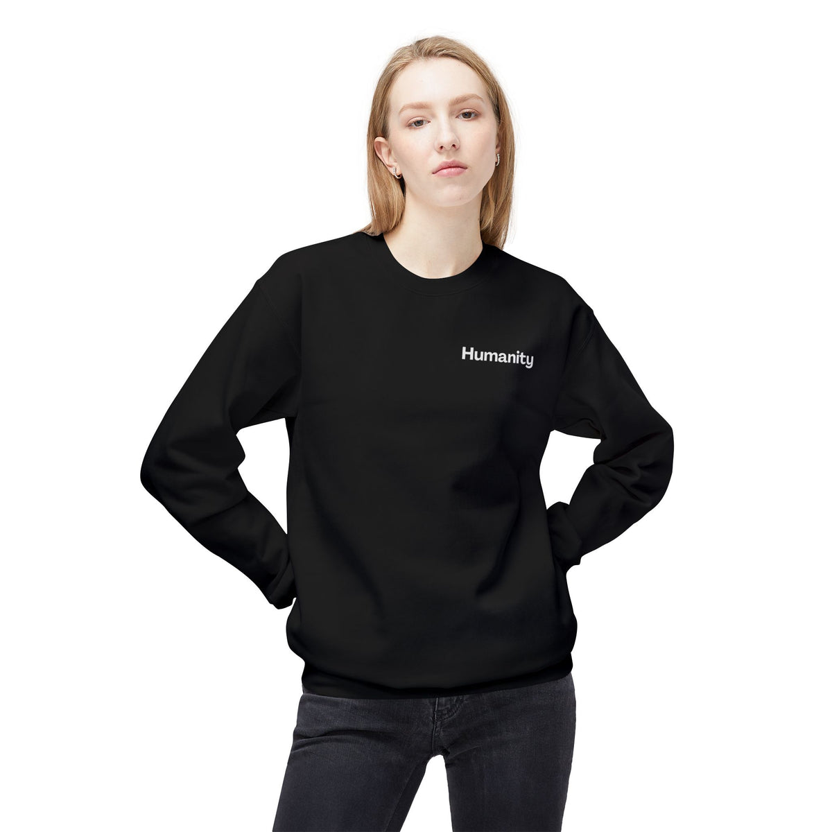 Humanity Crewneck Sweatshirt — Minimalist Black Pullover with 'Humanity' Chest Print