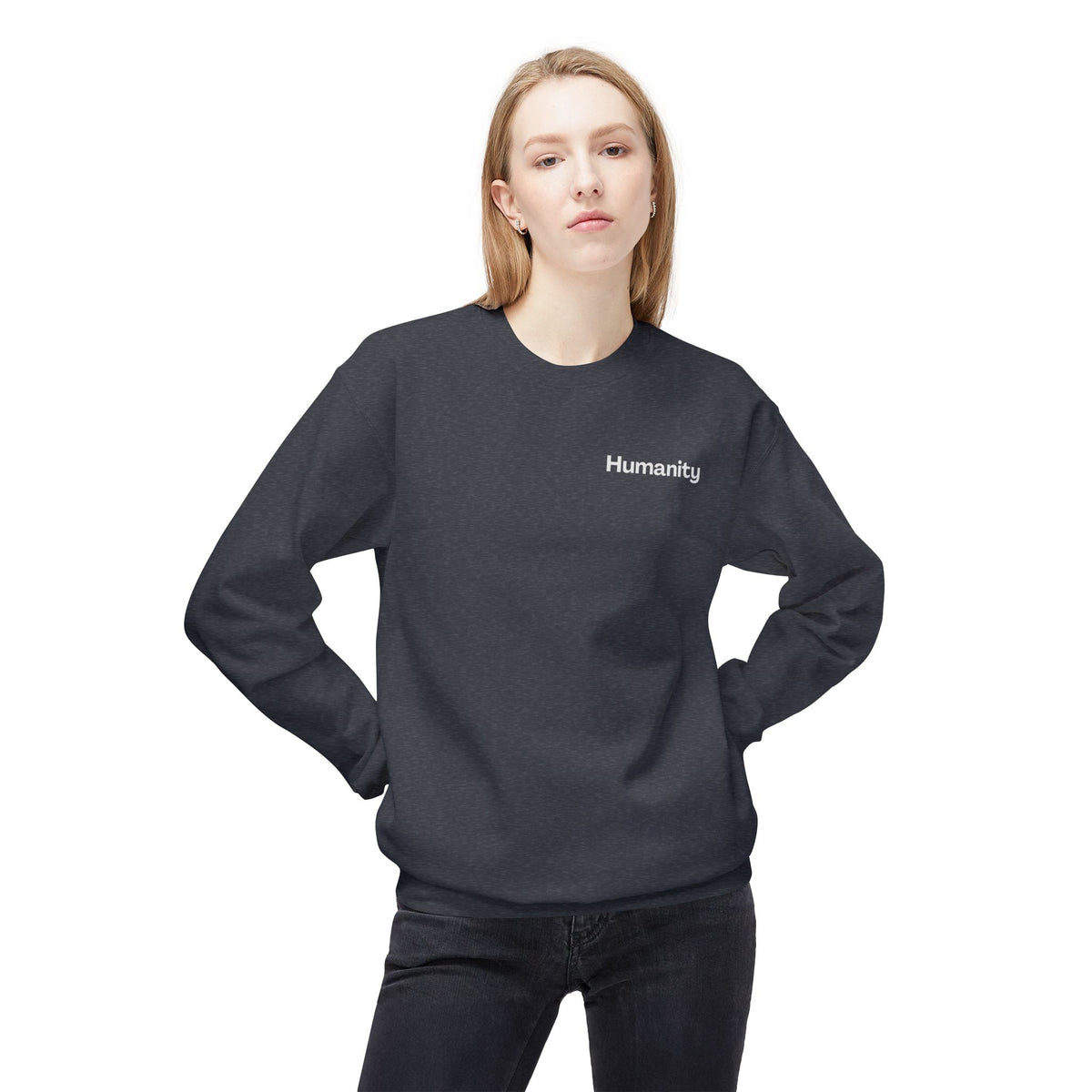 Humanity Crewneck Sweatshirt — Minimalist Black Pullover with 'Humanity' Chest Print