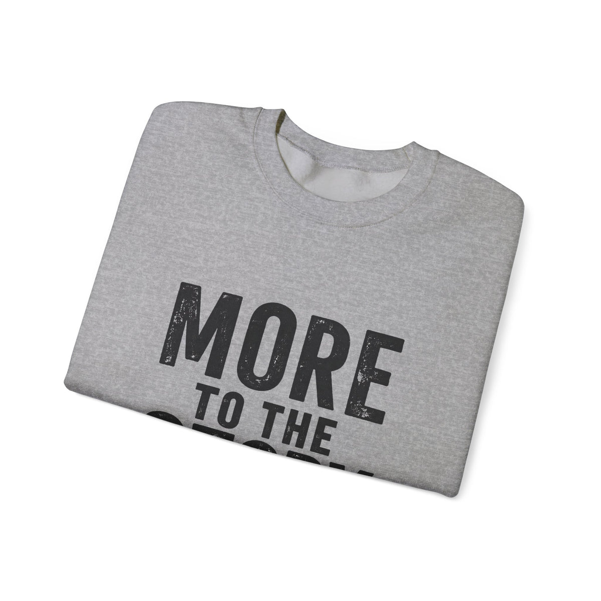 Printify crewneck sweatshirt with "More to the Story" graphic, soft fabric, and comfortable fit displayed on a model.