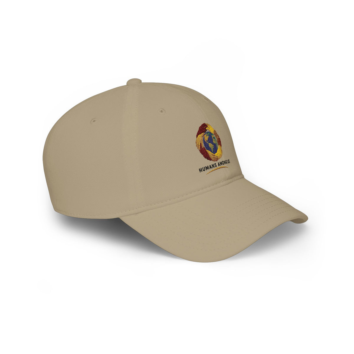 Humans Among Us embroidered globe print cap, a stylish unisex hat with detailed globe design by Printify.
