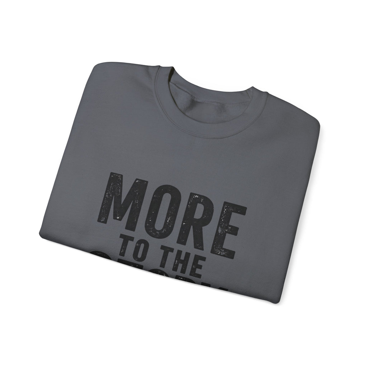 Gray crewneck sweatshirt with "More to the Story" graphic print, casual pullover by Printify.