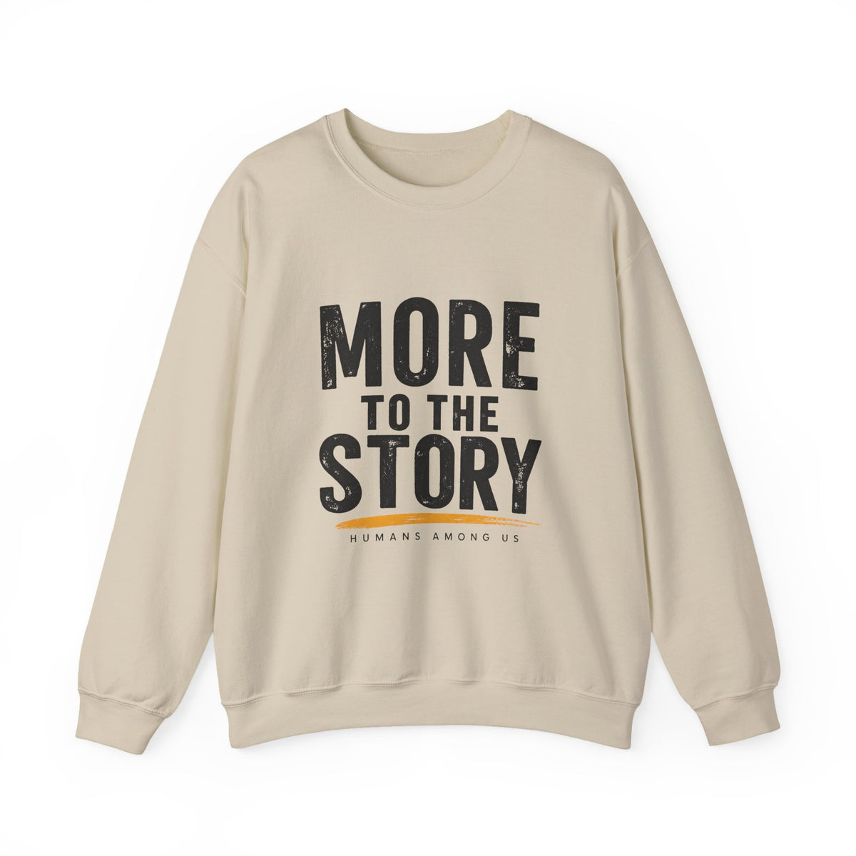 Printify crewneck sweatshirt with "More to the Story" graphic pullover, soft fabric, casual fit, displayed on a hanger.