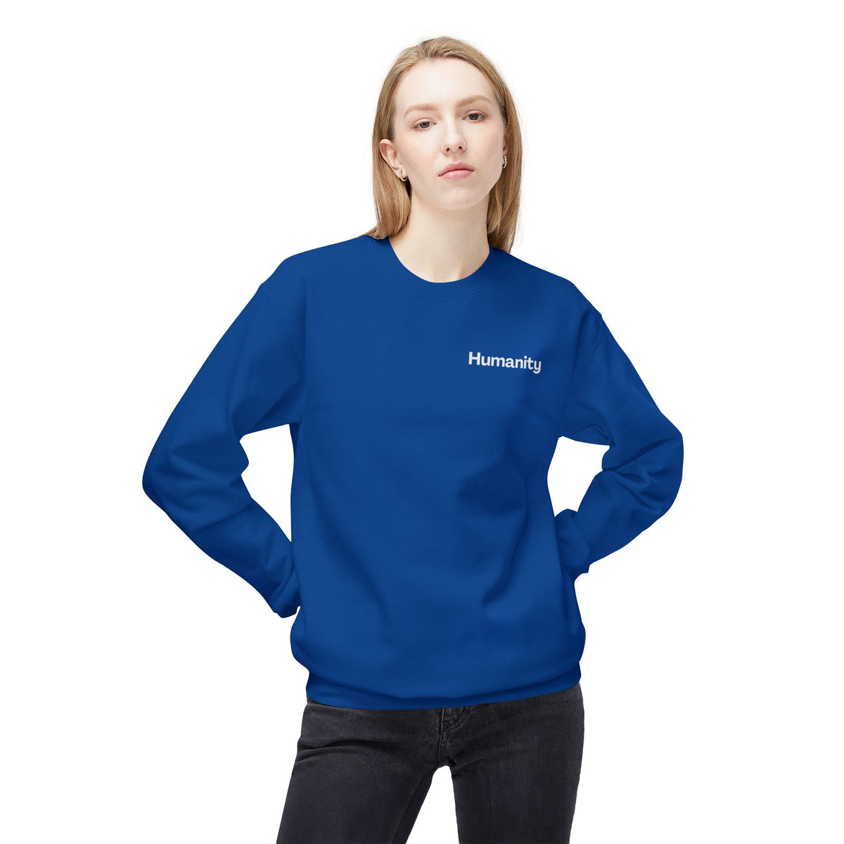 Humanity Crewneck Sweatshirt — Minimalist Black Pullover with 'Humanity' Chest Print