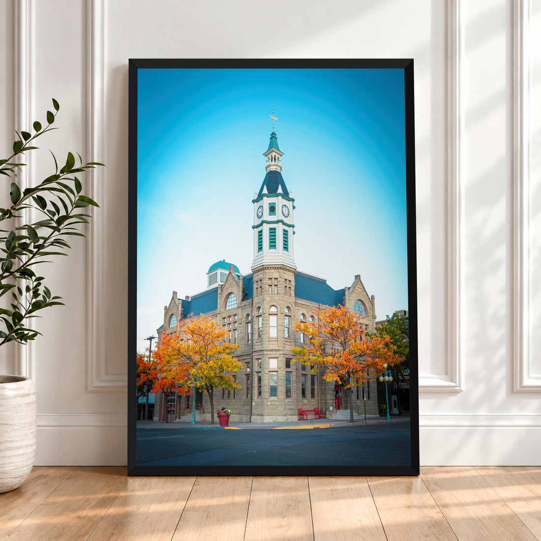 Framed Wyoming fine art photography print of Rock Springs Landmark Church with fall foliage, by Humans Among Us.