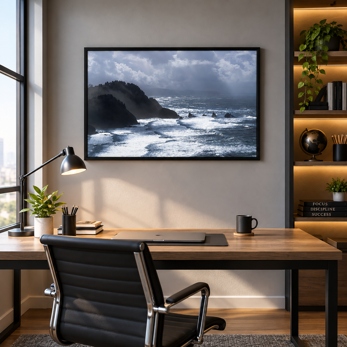 Framed ocean wall art featuring a coastal seascape, ideal for modern office decor, by Humans Among Us.