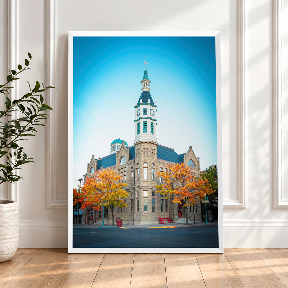Framed Wyoming fine art photography print of Rock Springs Landmark Church with fall foliage, by Humans Among Us.