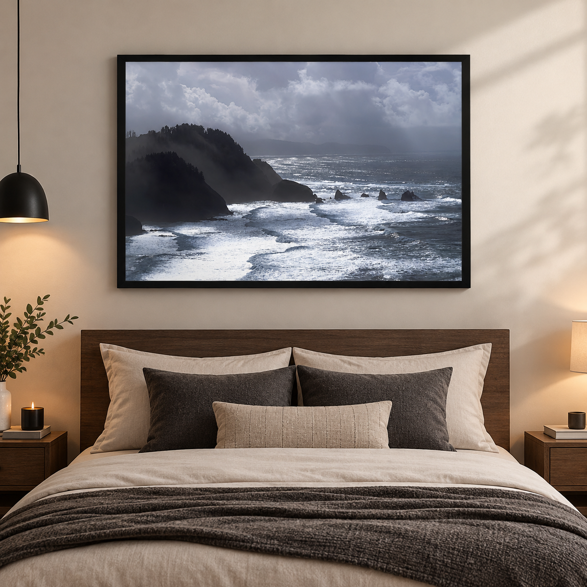 Framed coastal seascape wall art by Humans Among Us, moody ocean photography perfect for home decor in a cozy bedroom setting.